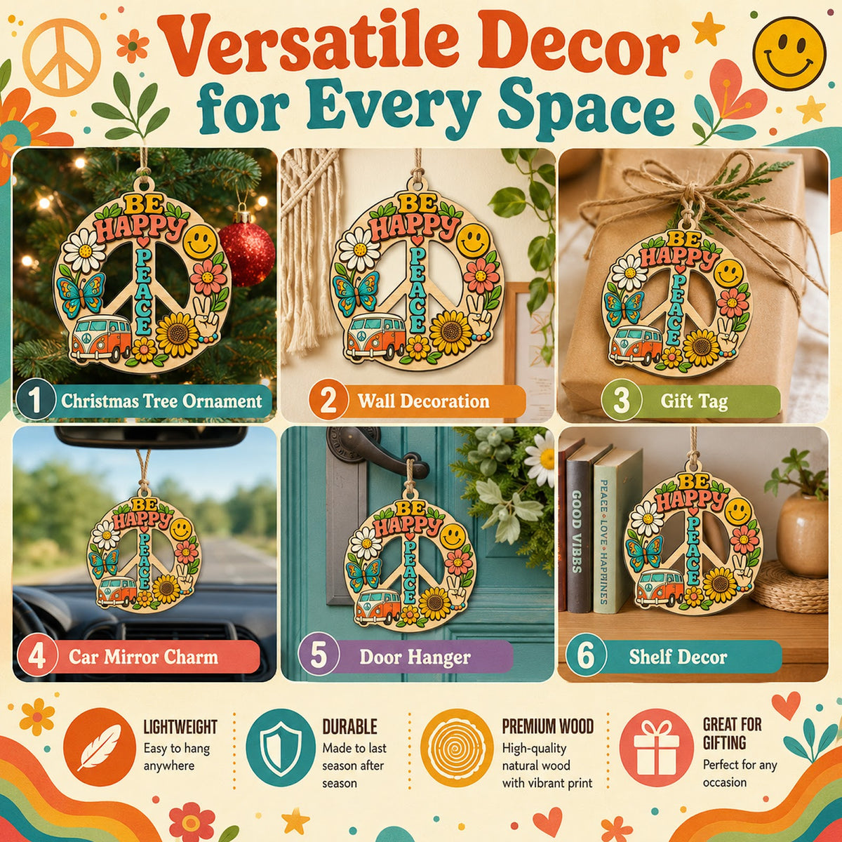 Hippie Peace Love Boho Retro Christmas Ornament, Boho Peace Keepsake, Wood Tree Decoration