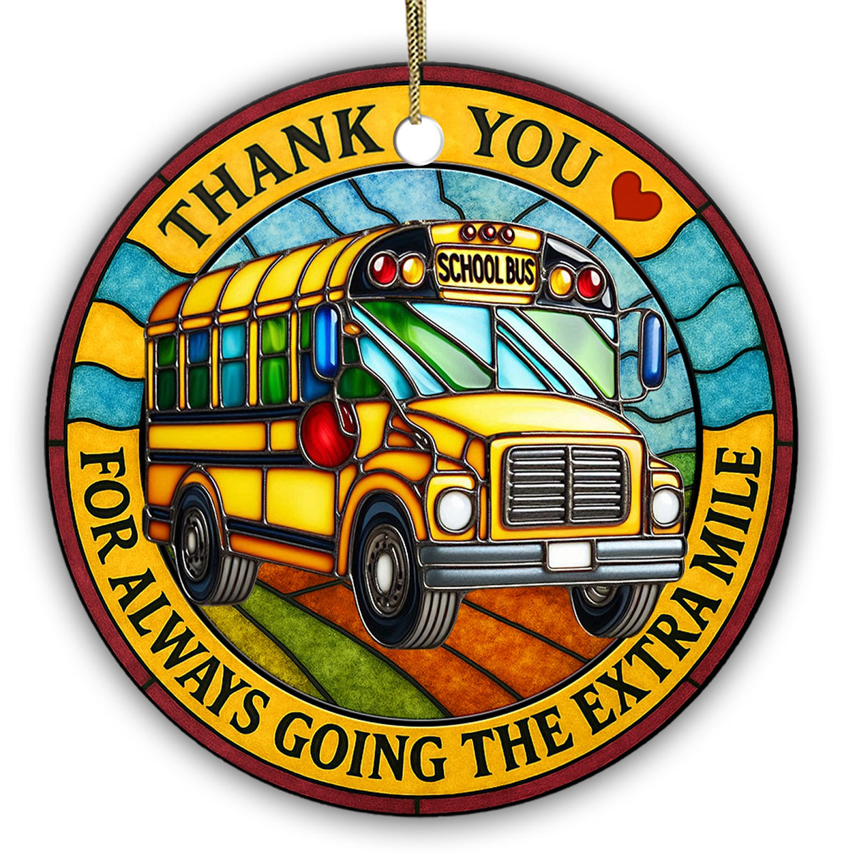 Thank You for Always Going the Extra Mile. Stained Glass School Bus, Ceramic Keepsake for Bus Drivers.