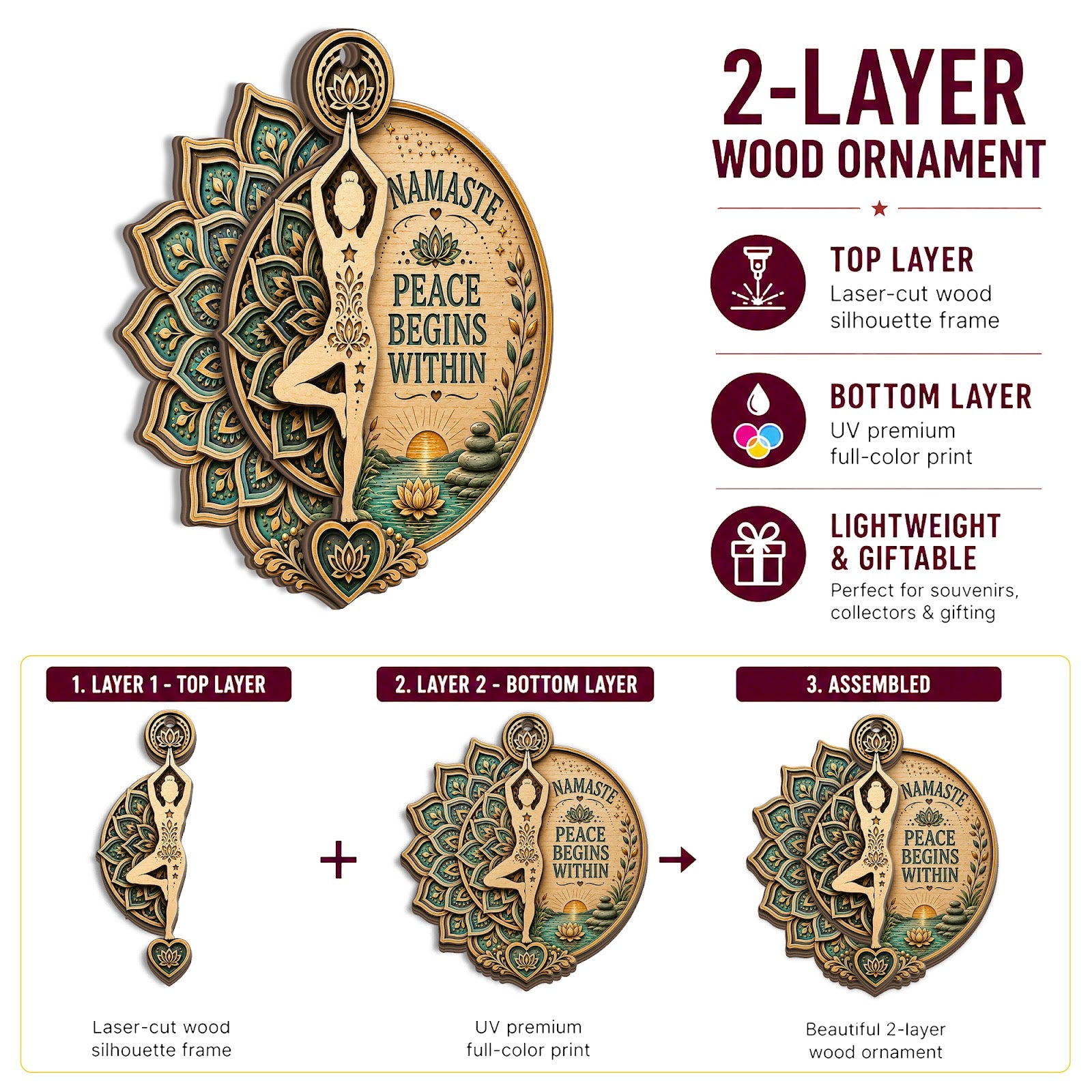 Yoga Mandala Wood Christmas Ornament
