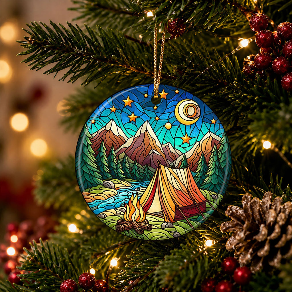 Camping Christmas Ornament, Stained Glass Tent Fire Gift, Ceramic Hanging Tree Decoration