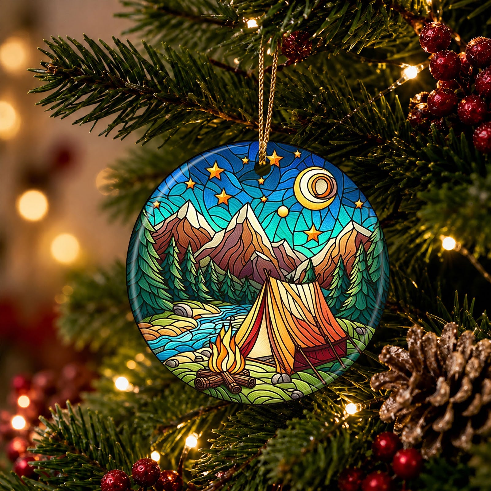 Camping Christmas Ornament, Stained Glass Tent Fire Gift, Ceramic Hanging Tree Decoration