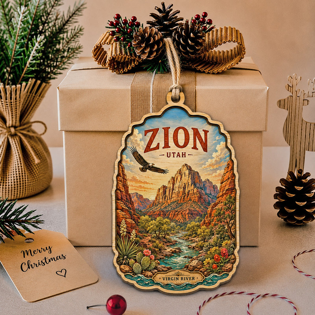 Zion National Park Christmas Ornament, Utah Canyon and Trail Hiker Gift, Wood Tree Decoration