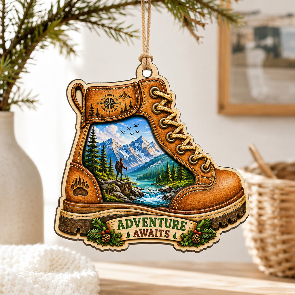 Hiking Boot Trail Outdoor Sport Christmas Ornament, Stocking Stuffer For Hiker, Wood Ornament