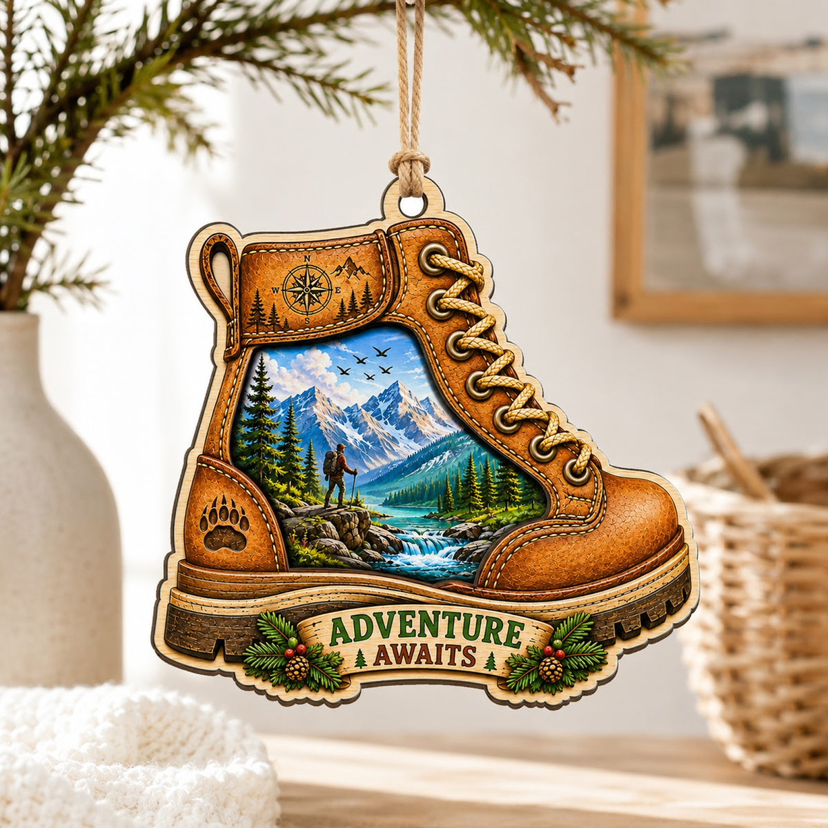 Hiking Boot Trail Outdoor Sport Christmas Ornament, Stocking Stuffer For Hiker, Wood Ornament