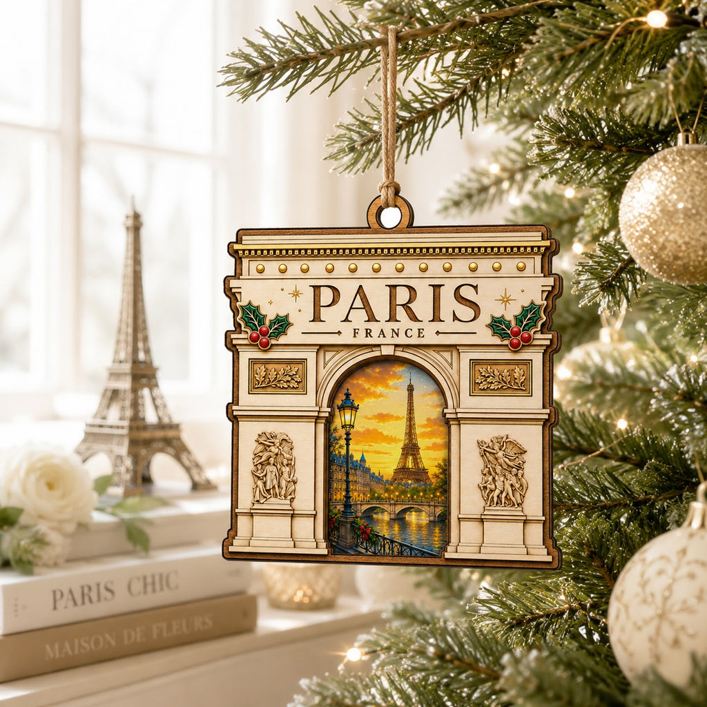 Arc de Triomphe Christmas Ornament, Paris France Travel Souvenir Gift, Wood Tree Decoration