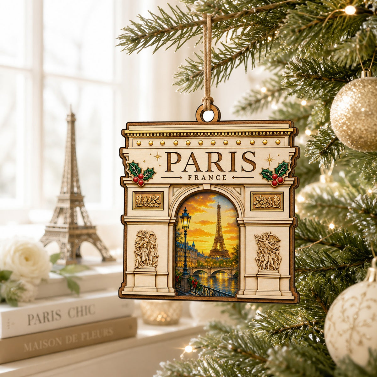 Arc de Triomphe Christmas Ornament, Paris France Travel Souvenir Gift, Wood Tree Decoration