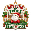 Santa Hatted Ball Rests Before A Tan Net With A Bow And Pine Sprig. Great Gift For Volleyball Players Coaches And Fans.