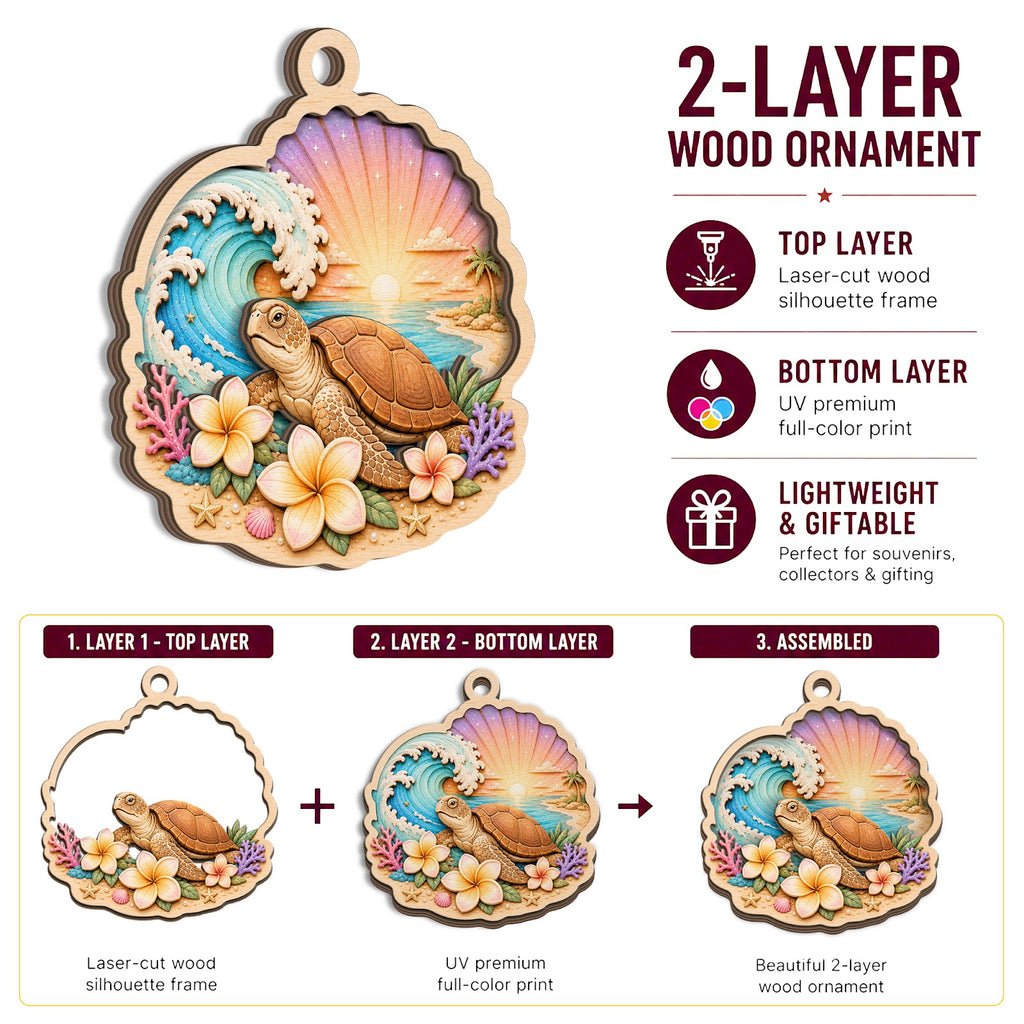 Sea Turtle Ocean Beach Marine Christmas Ornament, Marine Life Keepsake, Wood Tree Decoration