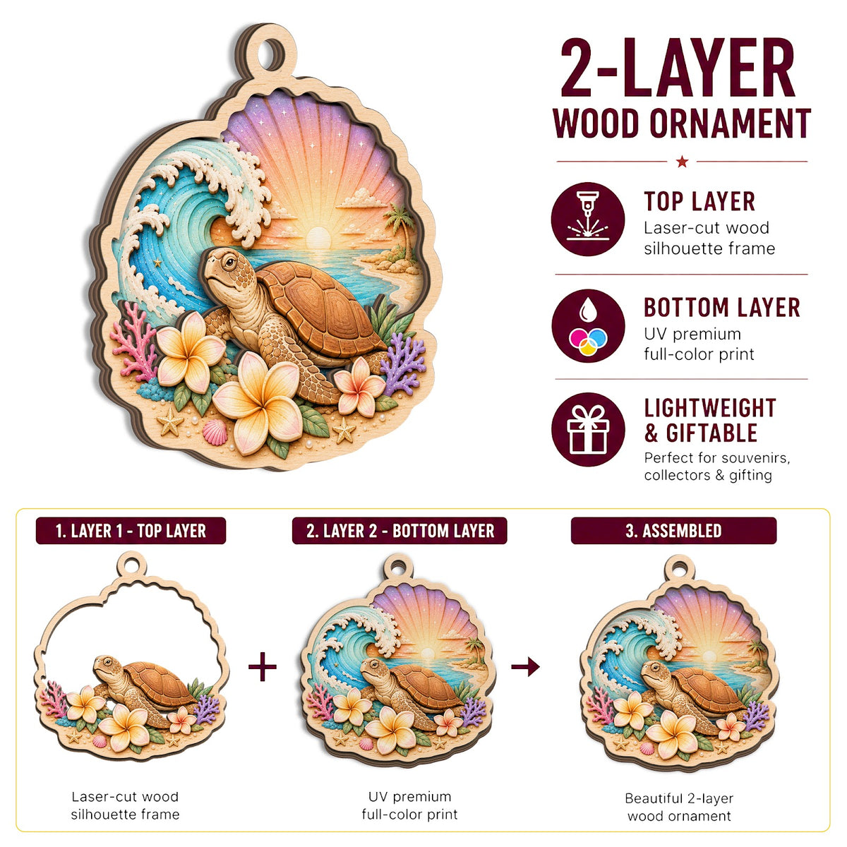 Sea Turtle Ocean Beach Marine Christmas Ornament, Marine Life Keepsake, Wood Tree Decoration