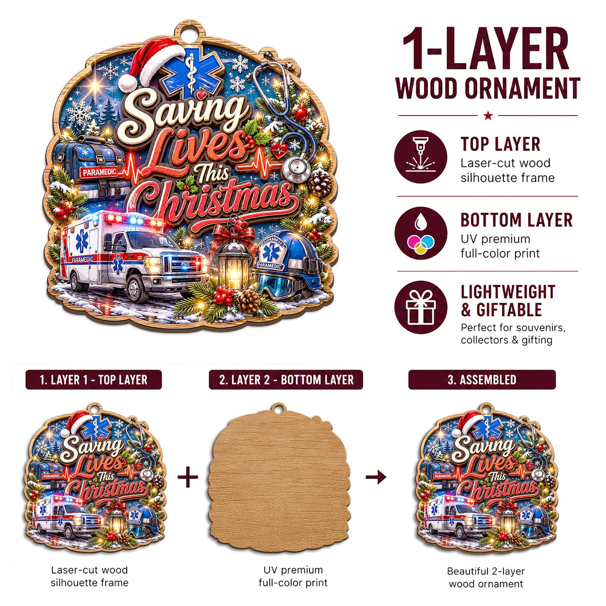 Paramedic Wood Christmas Ornament