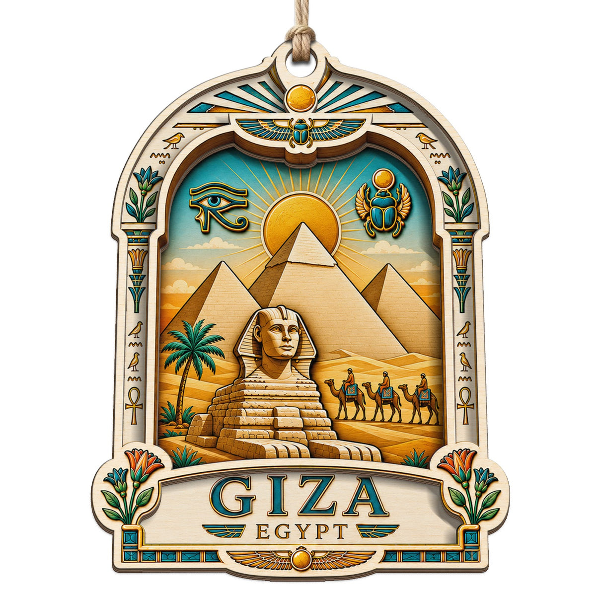 The Great Pyramid and the Sphinx Across an Ancient Desert Horizon. Wood Keepsake for History Lovers.