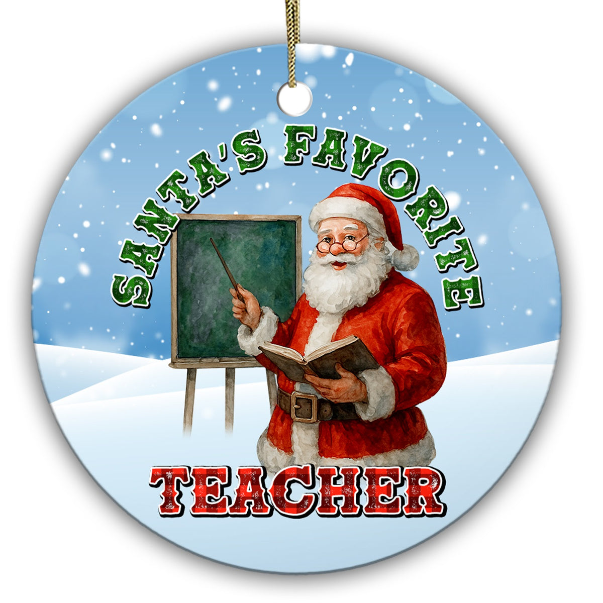 Santa at a Chalkboard With a Book and Pointer. Ceramic Keepsake for Classroom, Preschool and Sunday School.