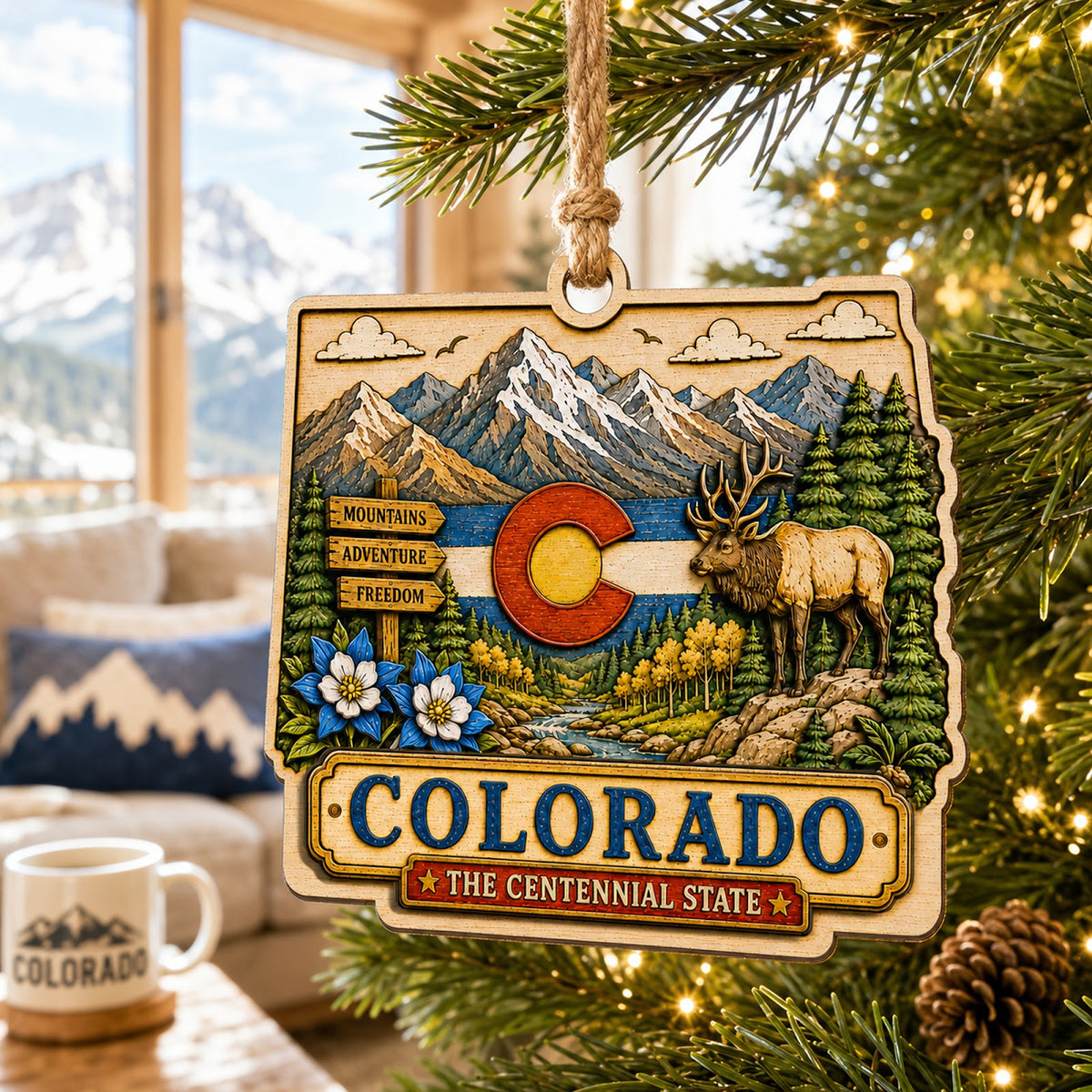 Colorado Christmas Ornament, Rocky Mountain Ski and Aspen Souvenir Gift, Wood Tree Decoration