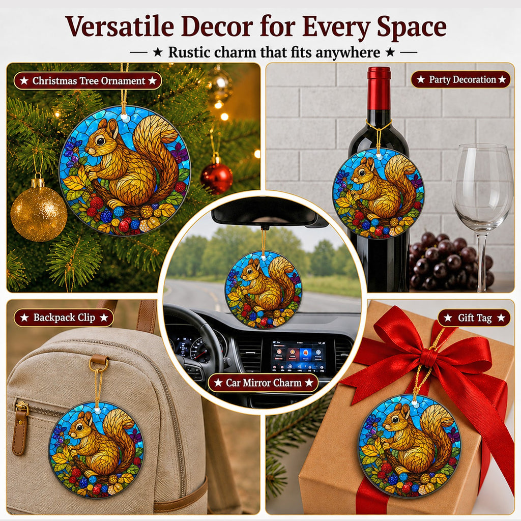 Squirrel Christmas Ornament, Stained Glass Woodland Gift, Ceramic Hanging Tree Decoration