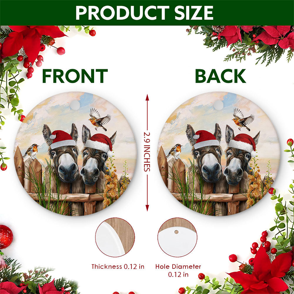 Donkey Christmas Ornament, Two Donkeys Farm Robin Gift, Ceramic Hanging Tree Decoration