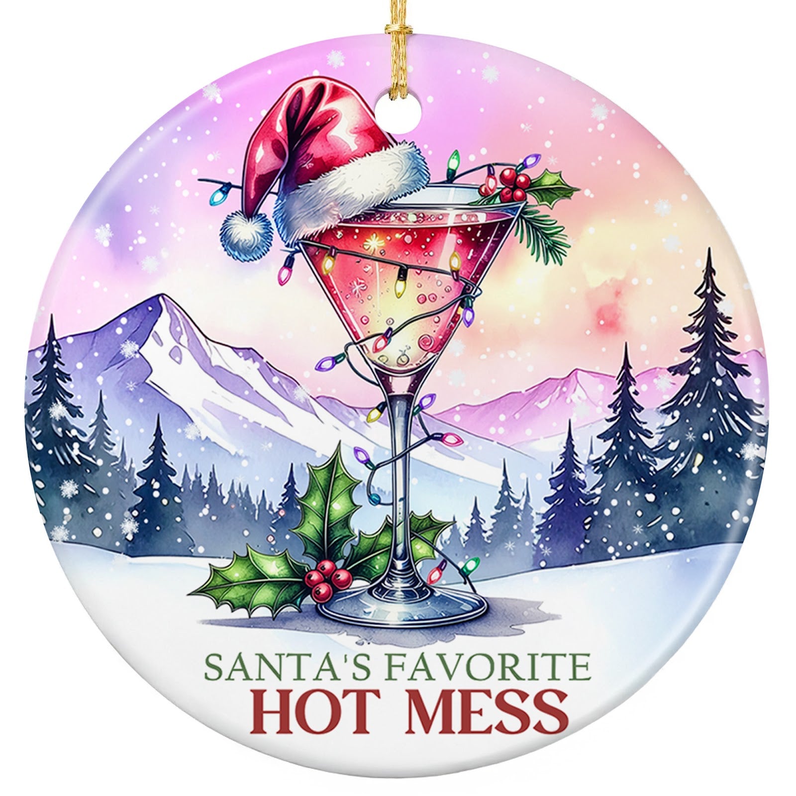 Pink Martini Wrapped in Lights With a Santa Hat and Holly Sprig in Snow. Ceramic Novelty Keepsake.