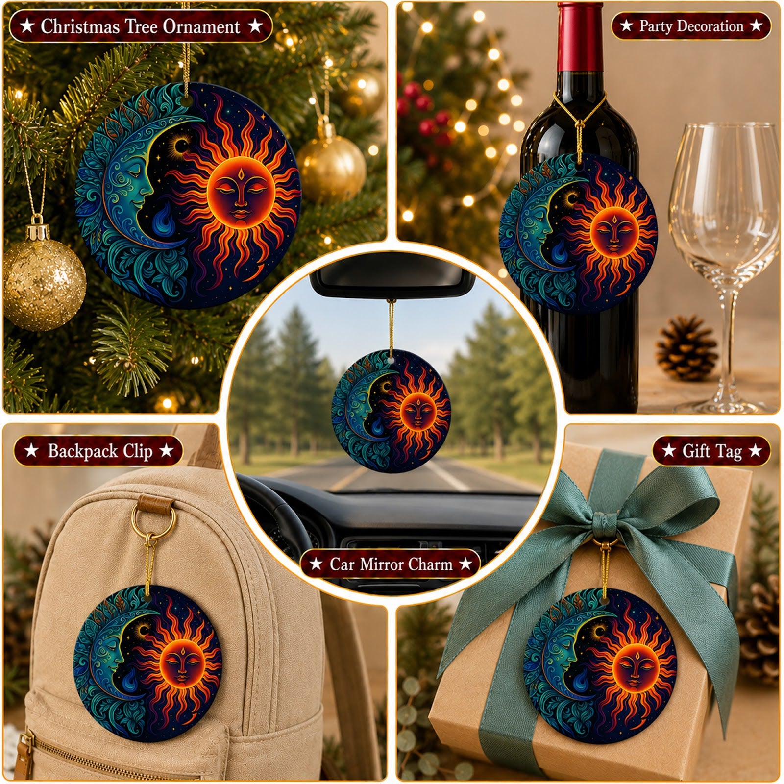 Sun And Moon Christmas Ornament, Celestial Boho Mystical Gift, Ceramic Hanging Tree Decoration