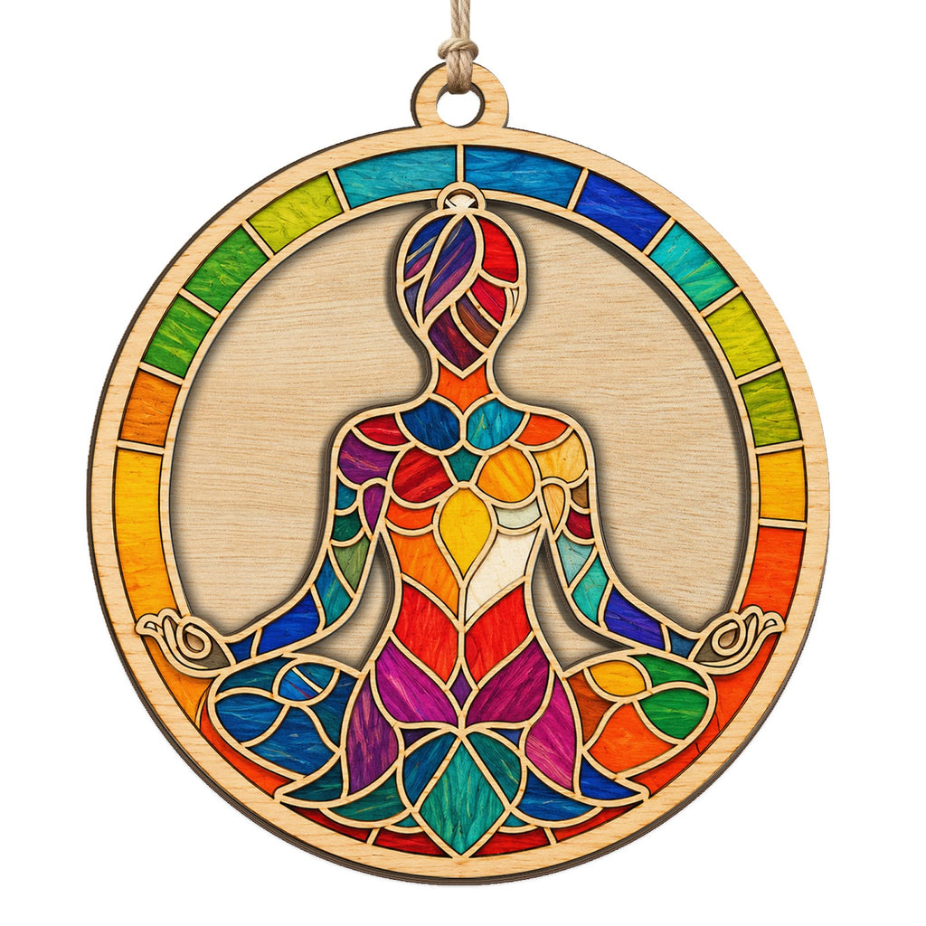 Seated Lotus Pose Figure Glows In Jewel Toned Stained Glass Panes. Calm Gift For Yogis And Studio Friends.