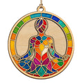 Seated Lotus Pose Figure Glows In Jewel Toned Stained Glass Panes. Calm Gift For Yogis And Studio Friends.