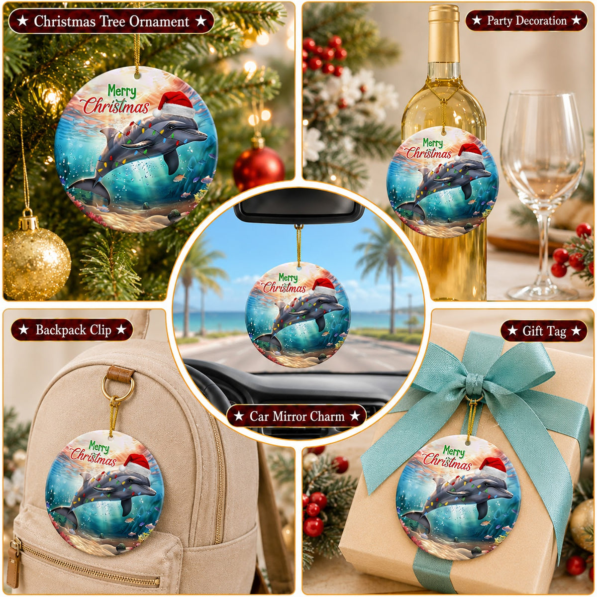 Dolphin Christmas Ornament, Tropical Beach Ocean Gift, Ceramic Hanging Tree Decoration