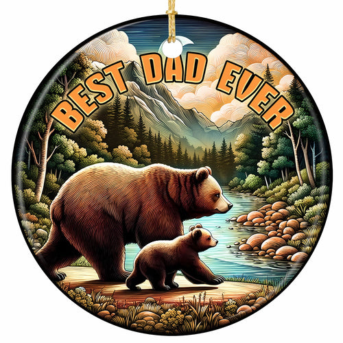 Grizzly and Cub Walking a Riverbank Under a Crescent Moon in Vintage Woodcut Style. Ceramic Keepsake for Dads.