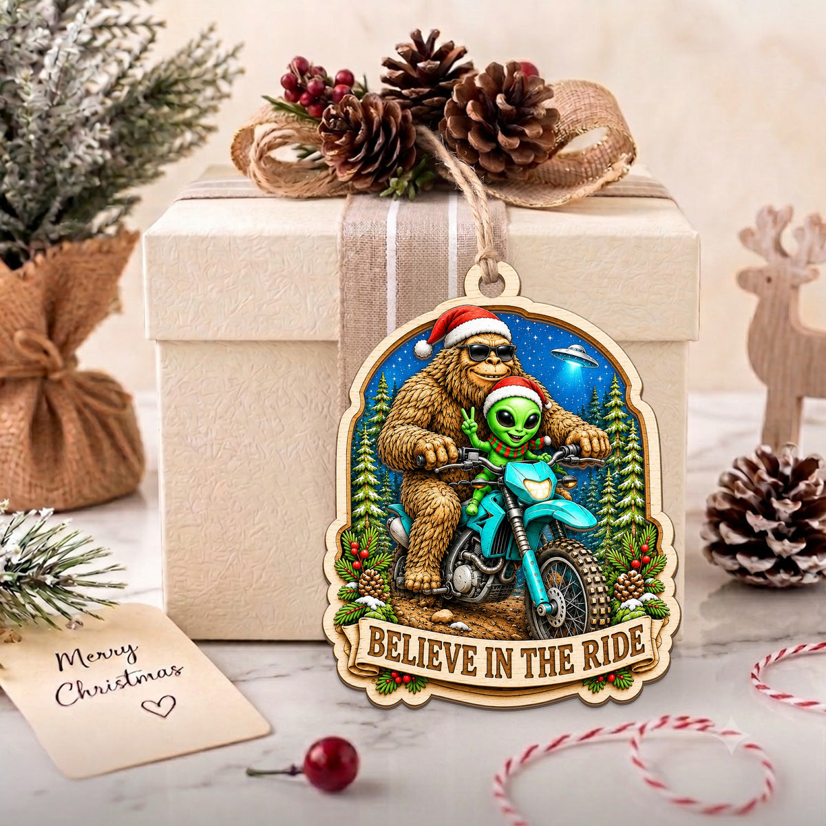 Bigfoot Biker Sasquatch Rider Christmas Ornament, Sasquatch Rider Keepsake, Wood Ornament