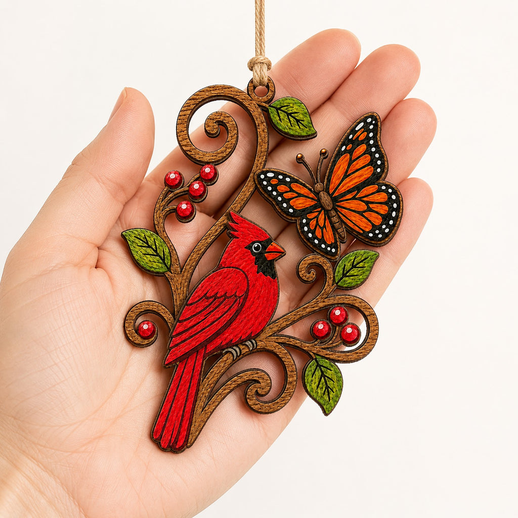 Cardinal Butterfly Christmas Ornament, Nature Gift For Bird Lover, Wood Hanging Tree Decoration