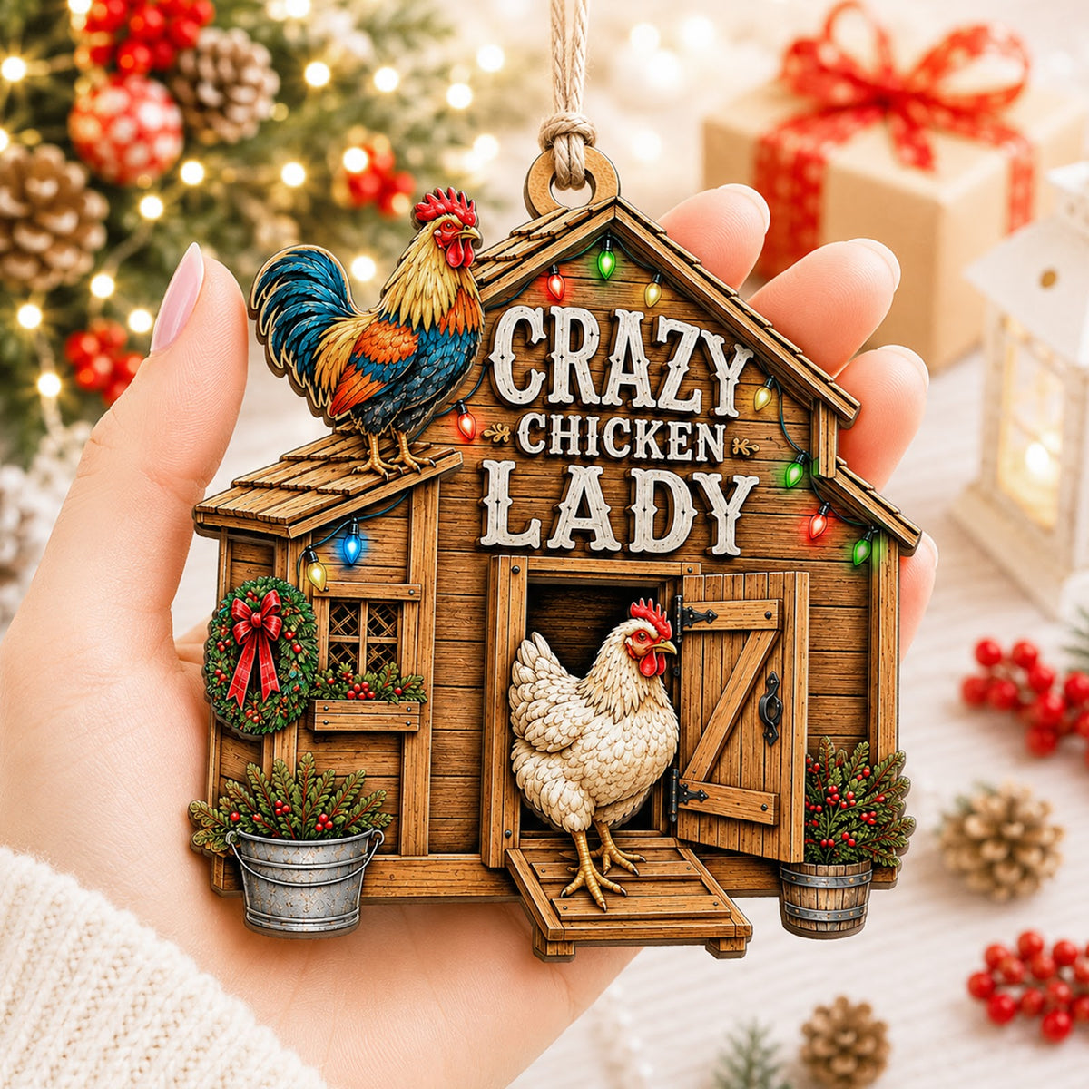 Crazy Chicken Lady Christmas Ornament, Funny Stocking Stuffer For Chicken Lady, Wood Ornament