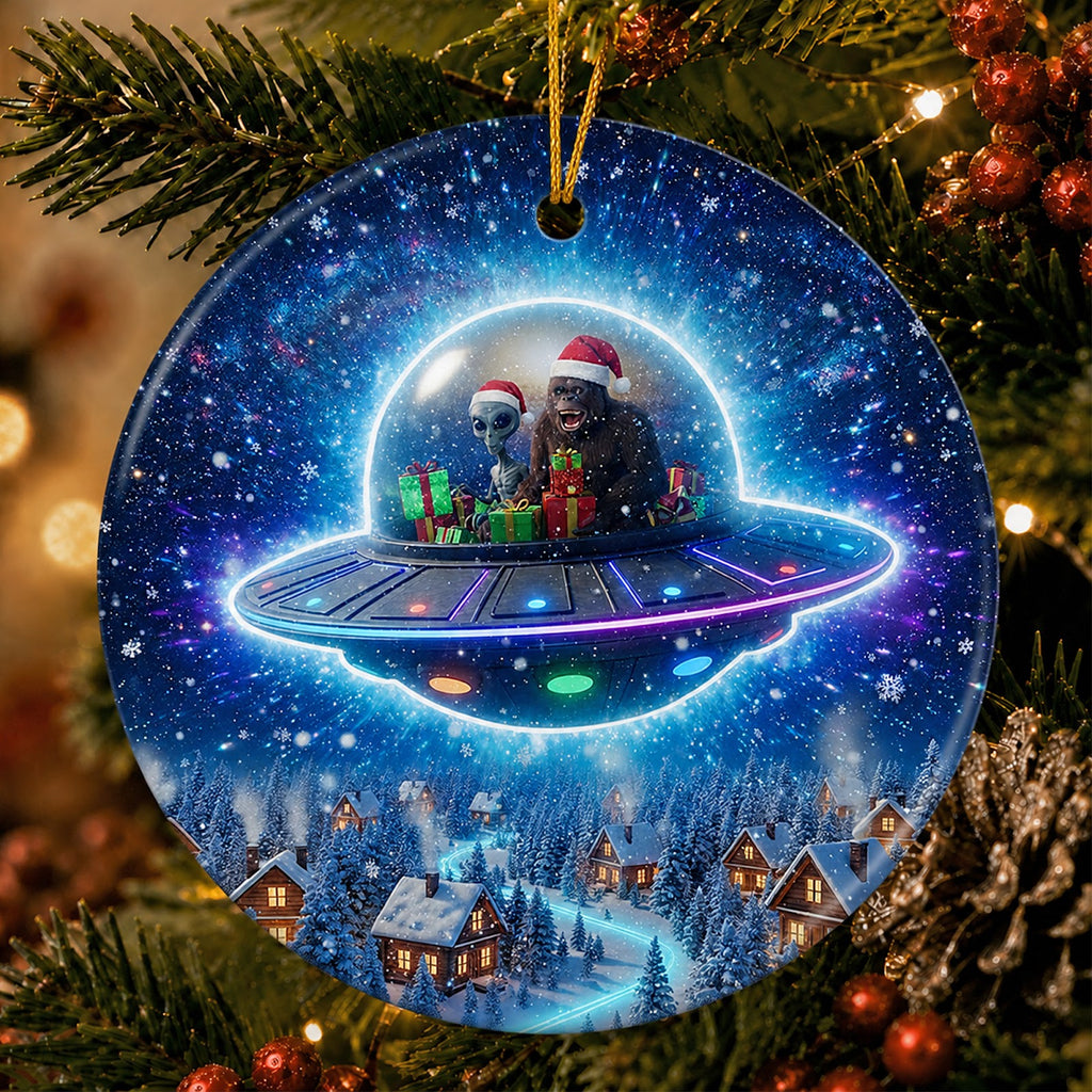 Alien Bigfoot Christmas Ornament, Funny UFO Sasquatch Gift, Ceramic Hanging Tree Decoration