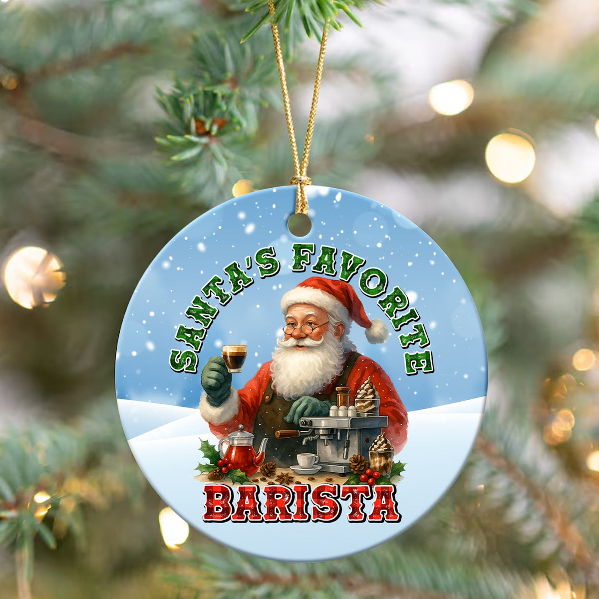 Barista Christmas Ornament, Santas Favorite Barista Gift, Ceramic Hanging Tree Decoration