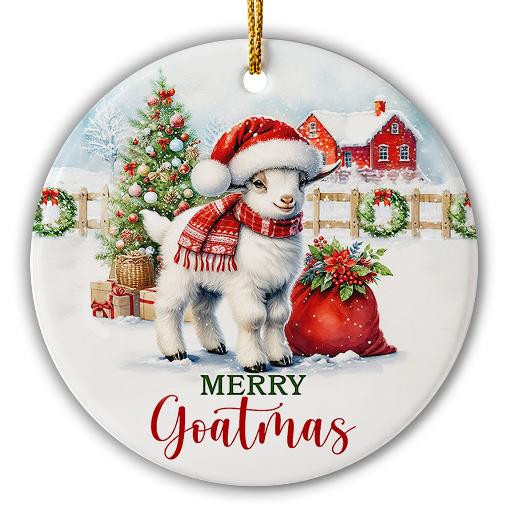 Baby Goat in a Santa Hat and Knit Scarf on a Snowy Farm. Ceramic Keepsake for Goat Owners and Hobby Farmers.