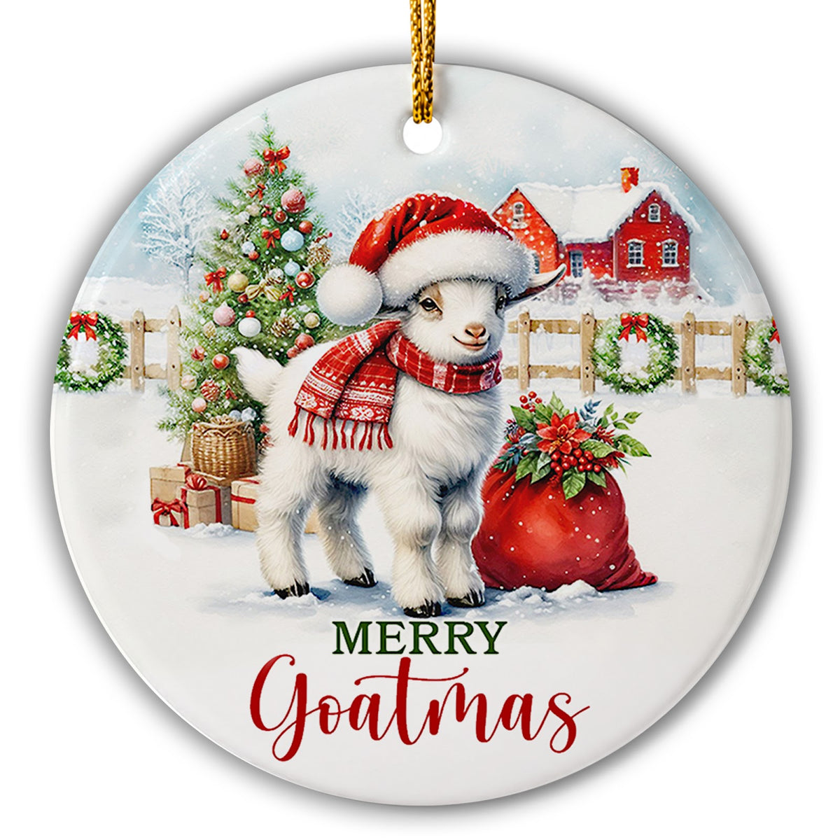 Baby Goat in a Santa Hat and Knit Scarf on a Snowy Farm. Ceramic Keepsake for Goat Owners and Hobby Farmers.