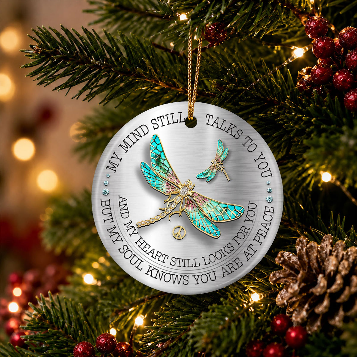 Dragonfly Memorial Christmas Ornament, At Peace Remembrance Gift, Ceramic Tree Decoration