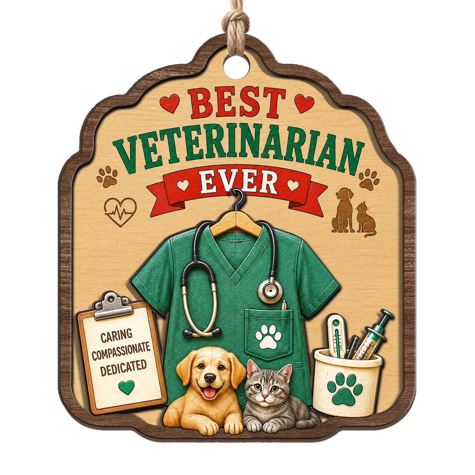 Green Scrubs And A Stethoscope Frame A Puppy And Kitten On An Arched Sign. Great Gift For Vets And Vet Techs.