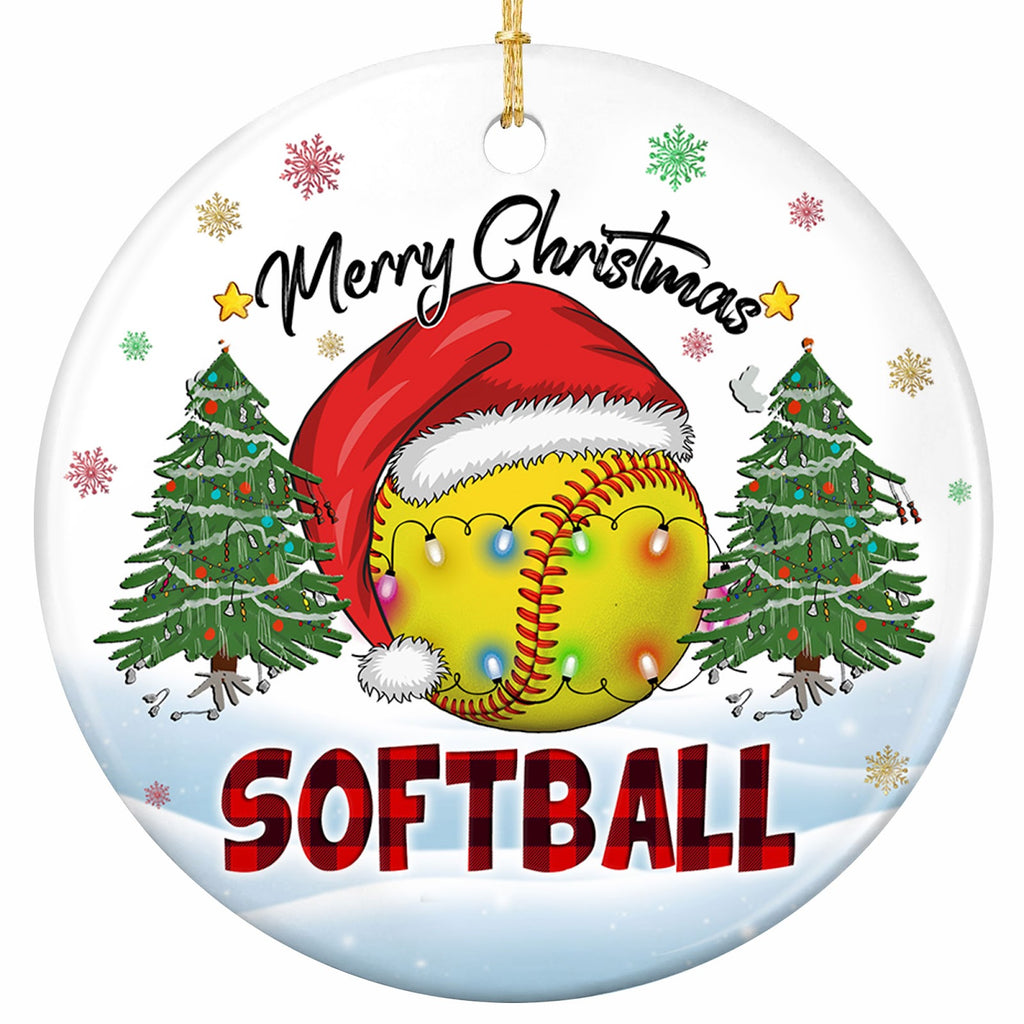 A Neon Yellow Softball in a Santa Hat Wrapped in Lit Bulbs Between Two Pines. Ceramic Keepsake.