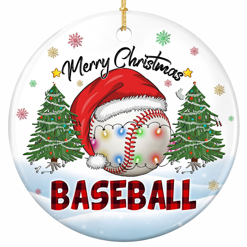 A Stitched Baseball in an Oversized Santa Hat Wrapped in Lit Bulbs Between Two Pines. Ceramic Keepsake.