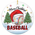 A Stitched Baseball in an Oversized Santa Hat Wrapped in Lit Bulbs Between Two Pines. Ceramic Keepsake.