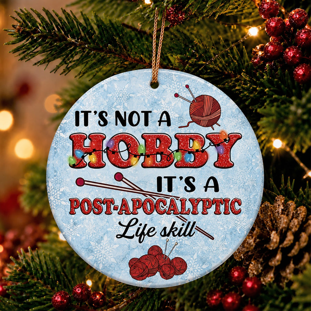 Knitting Christmas Ornament, Funny Yarn Crafter Hobby Gift, Ceramic Hanging Tree Decoration