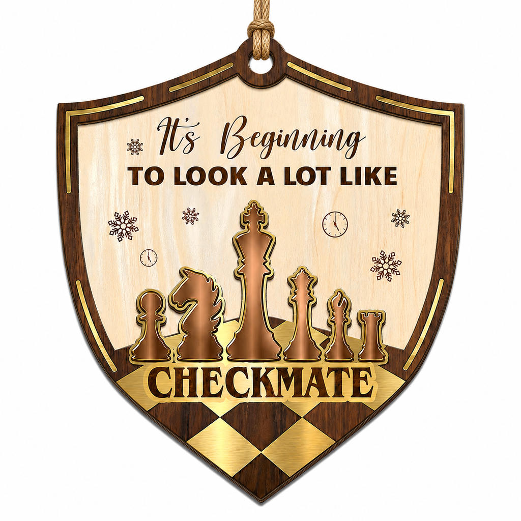 Shield Ornament Displays Chess Pieces On A Checkered Floor With Snowflakes And Clocks. Great Gift For Chess Players And 