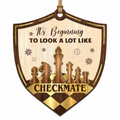 Shield Ornament Displays Chess Pieces On A Checkered Floor With Snowflakes And Clocks. Great Gift For Chess Players And 