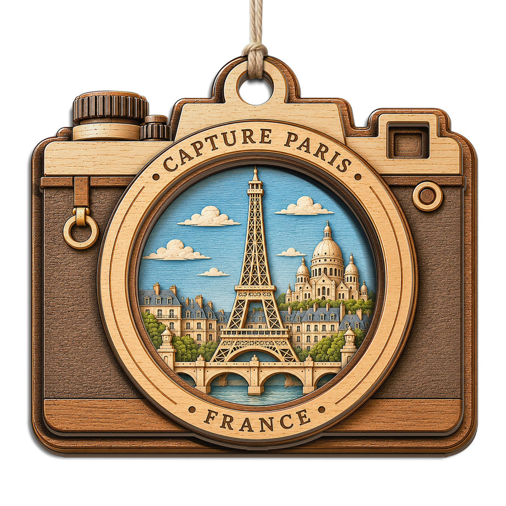 A Vintage Camera Framing the Eiffel Tower Like a Classic Travel Photograph. Wood Keepsake for Photographers.
