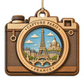A Vintage Camera Framing the Eiffel Tower Like a Classic Travel Photograph. Wood Keepsake for Photographers.