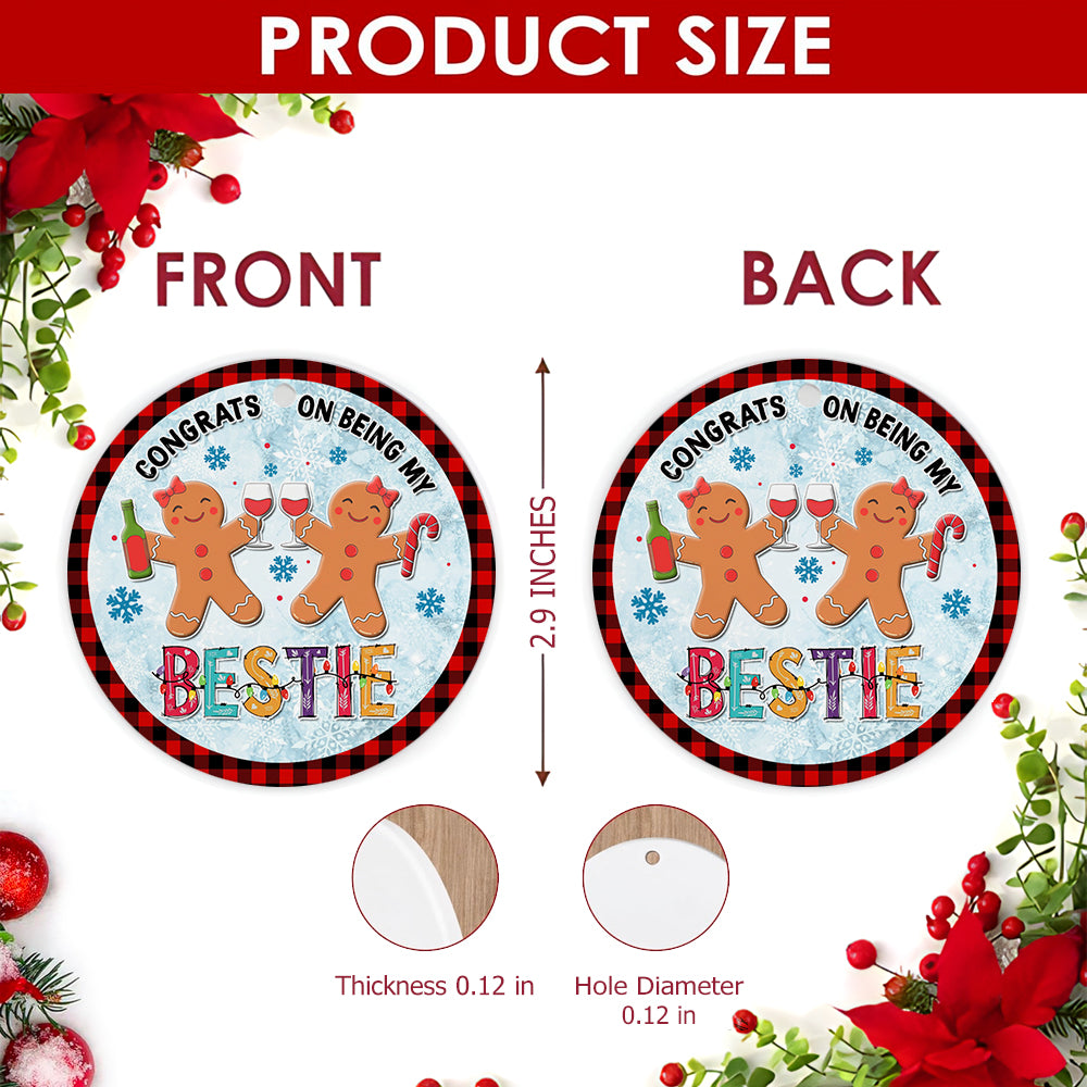 Bestie Christmas Ornament, Gingerbread Cheers Plaid Gift, Ceramic Hanging Tree Decoration