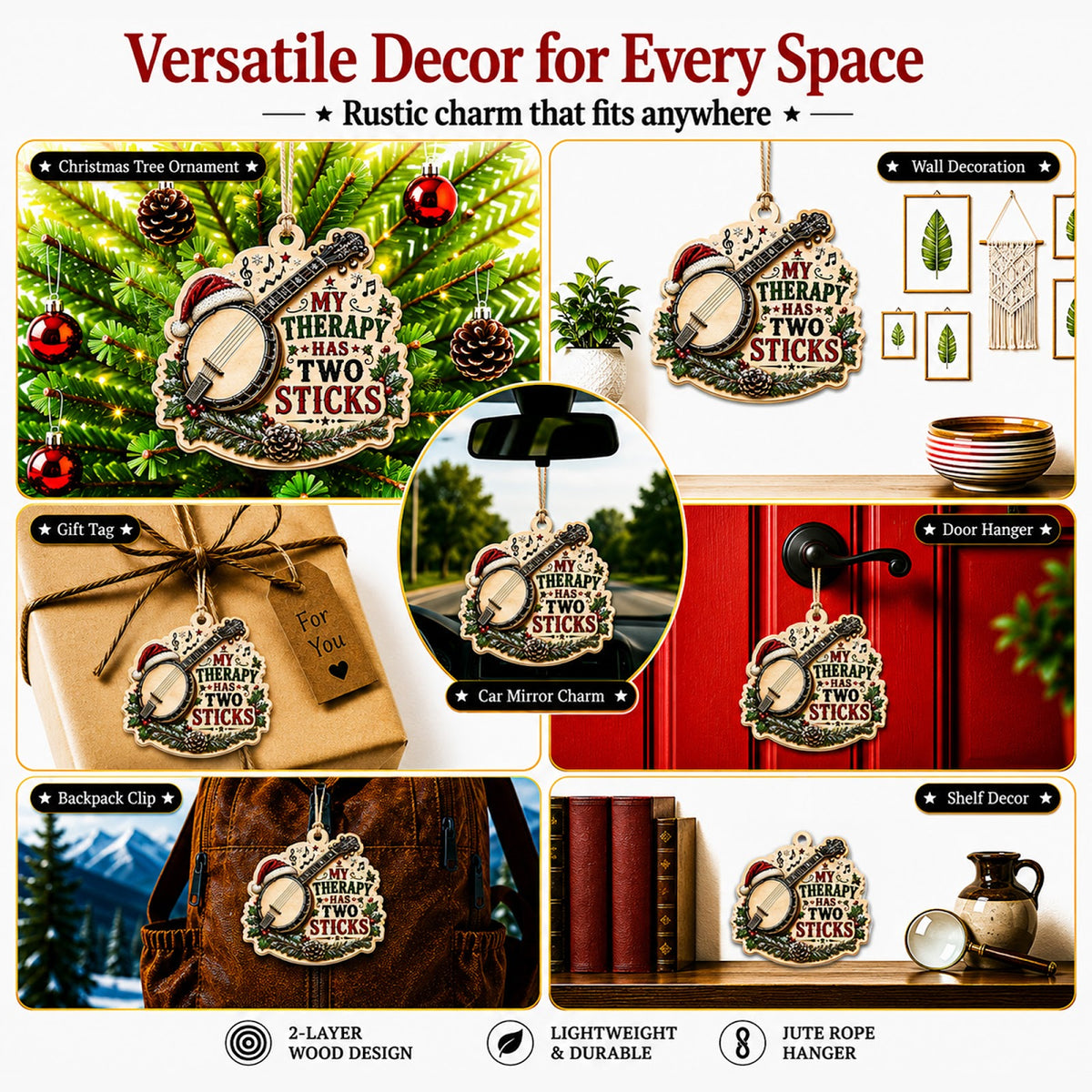 Banjo Christmas Ornament, Stocking Stuffer For Country Music Fan, Wood Hanging Tree Decoration