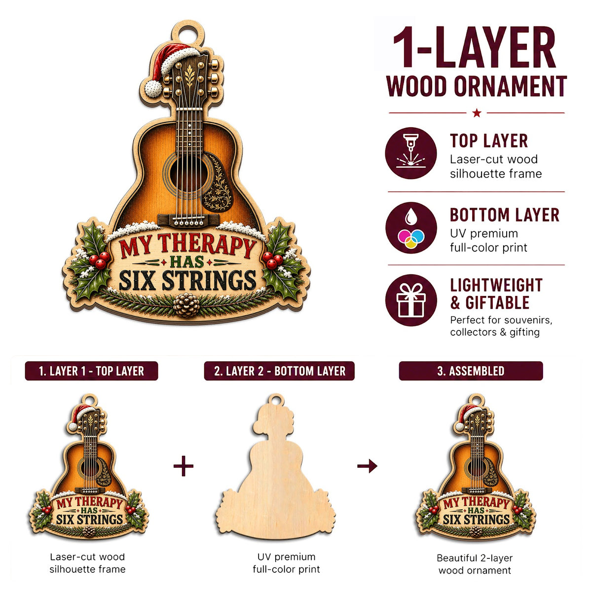 Guitar Christmas Ornament, Stocking Stuffer For Guitarist, Wood Hanging Tree Decoration