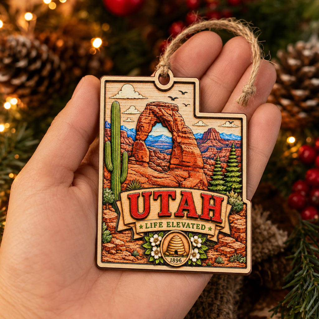 Utah Christmas Ornament, Red Rock Arches and Canyon Hiker Gift, Wood Hanging Tree Decoration