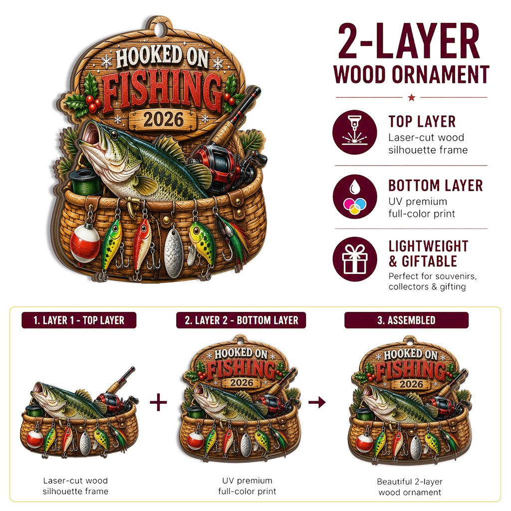 Fishing Basket Angler Tackle Christmas Ornament, Creel Basket Keepsake, Wood Tree Decoration
