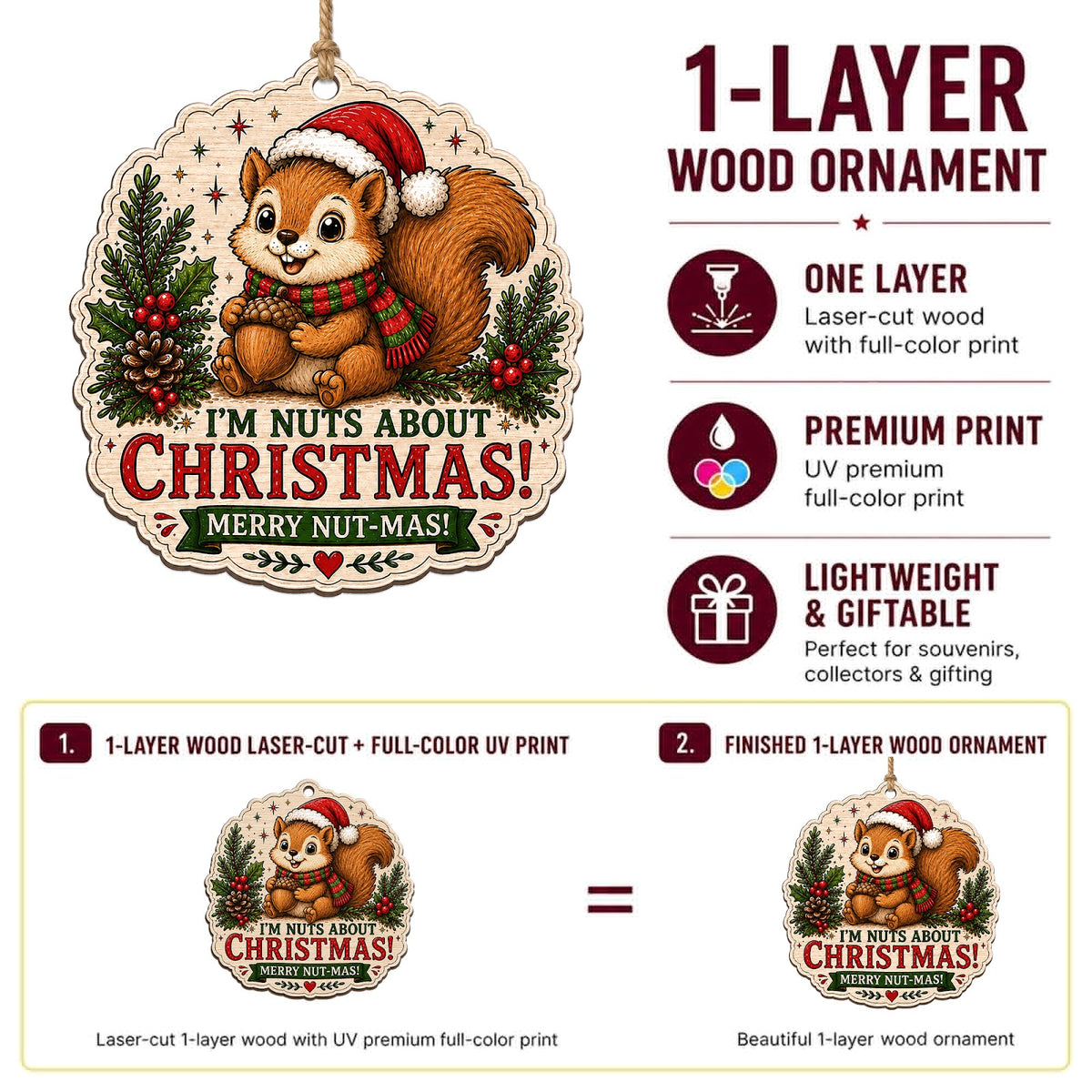 Squirrel Christmas Ornament, Stocking Stuffer For Funny Animal Fan, Wood Tree Decoration