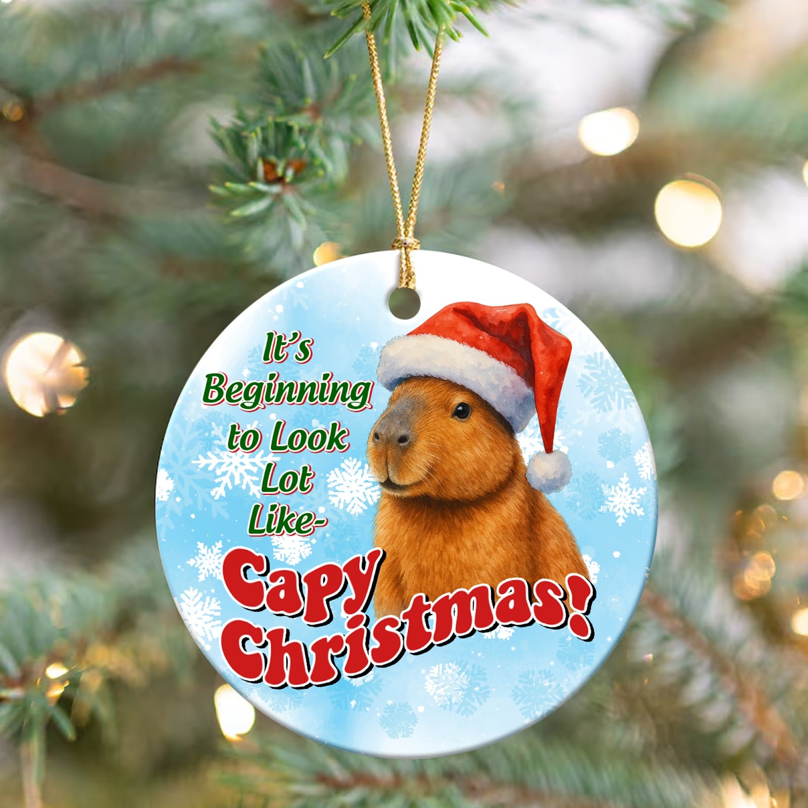 Capybara Christmas Ornament, Funny Santa Hat Pun Gift, Ceramic Hanging Tree Decoration