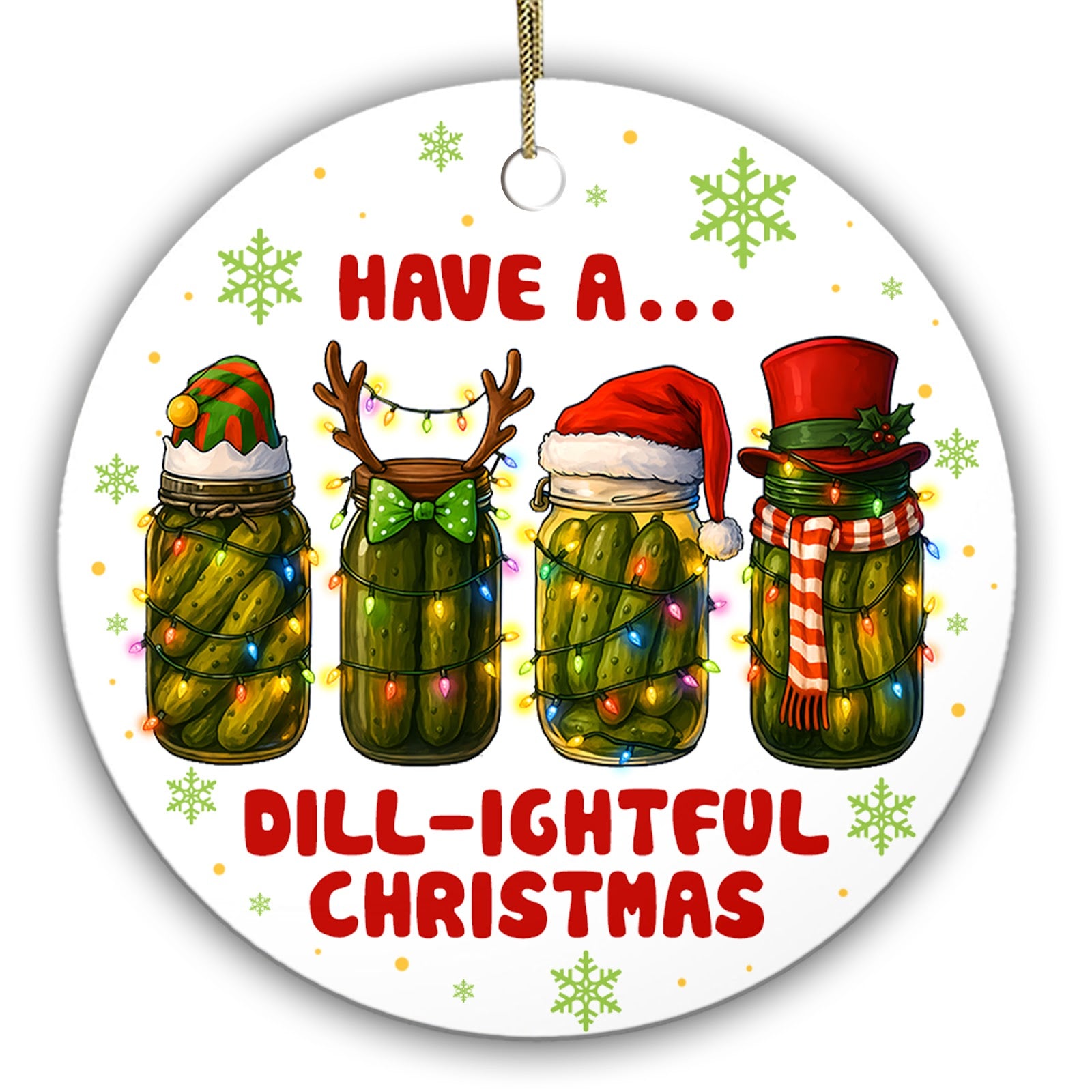 Four Pickle Jars in Elf Hats, Antlers and Santa Hats Wrapped in Lights. Ceramic Keepsake for Pickle Lovers.